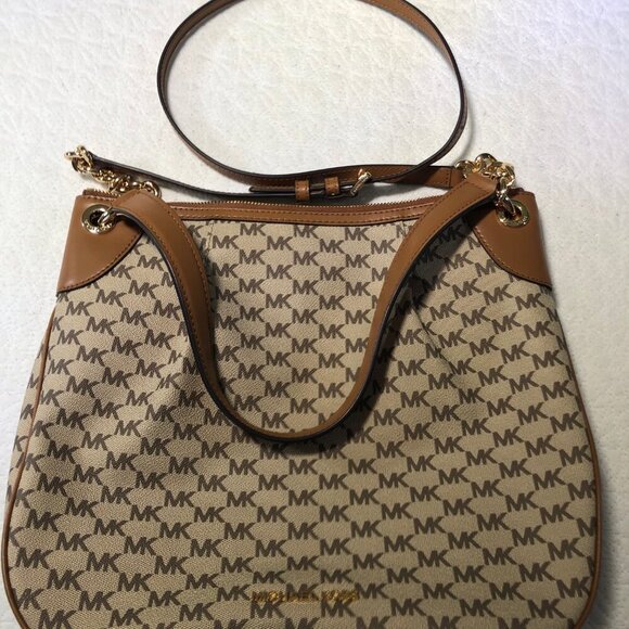 Michael Kors Large Crossbody Handbag 38T8CTTL3V MK print, Tan, Gold Detail - Picture 2 of 13